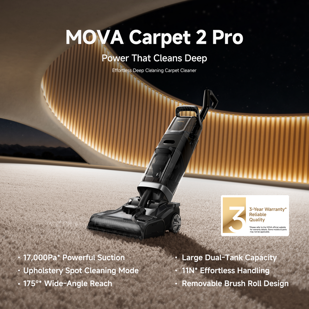 MOVA X2 Pro carpet cleaner on cream carpet with its headline features and three-year warranty badge