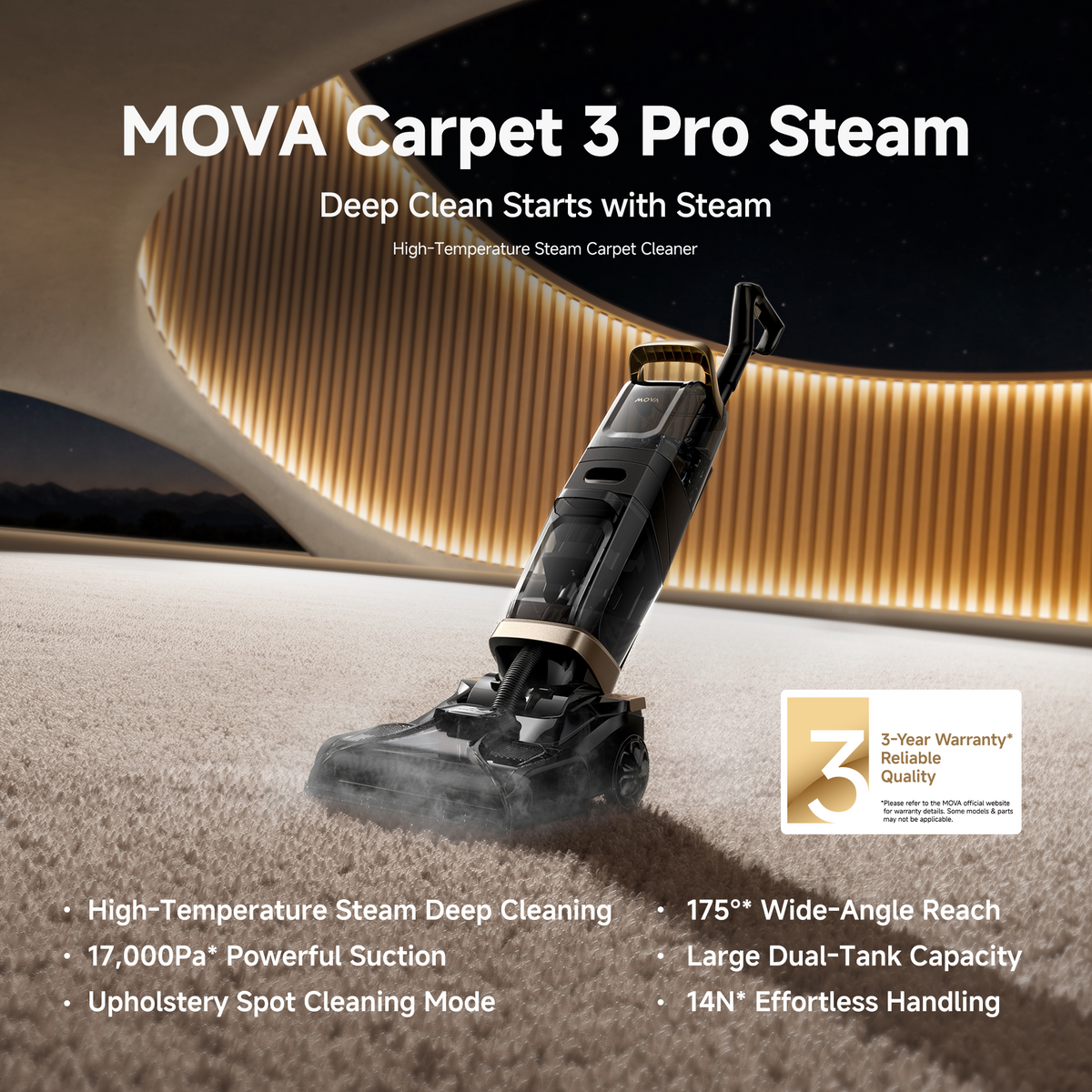 MOVA X3 Pro steam carpet cleaner standing on pale carpet, with its key features listed alongside