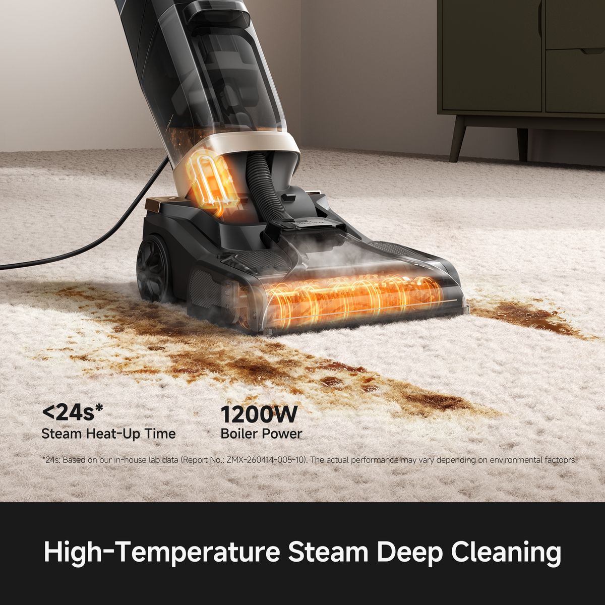 MOVA X3 Pro steam carpet cleaner lifting a dark stain with high-temperature steam from its 1200W boiler