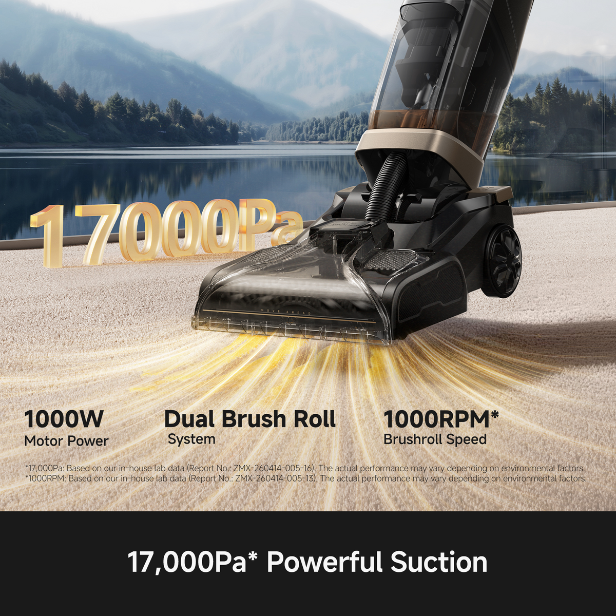 MOVA X3 Pro carpet cleaner's dual brush roll head with 17,000Pa suction pulling dirt from carpet pile