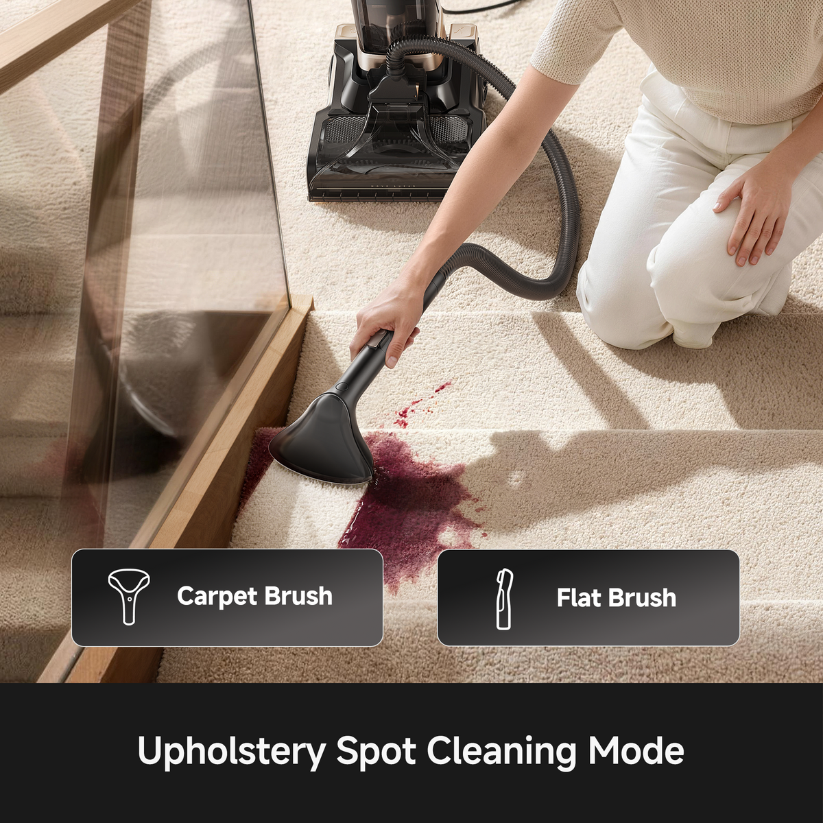 Kneeling user cleaning a red wine spill with the MOVA X3 Pro carpet cleaner's upholstery spot tool