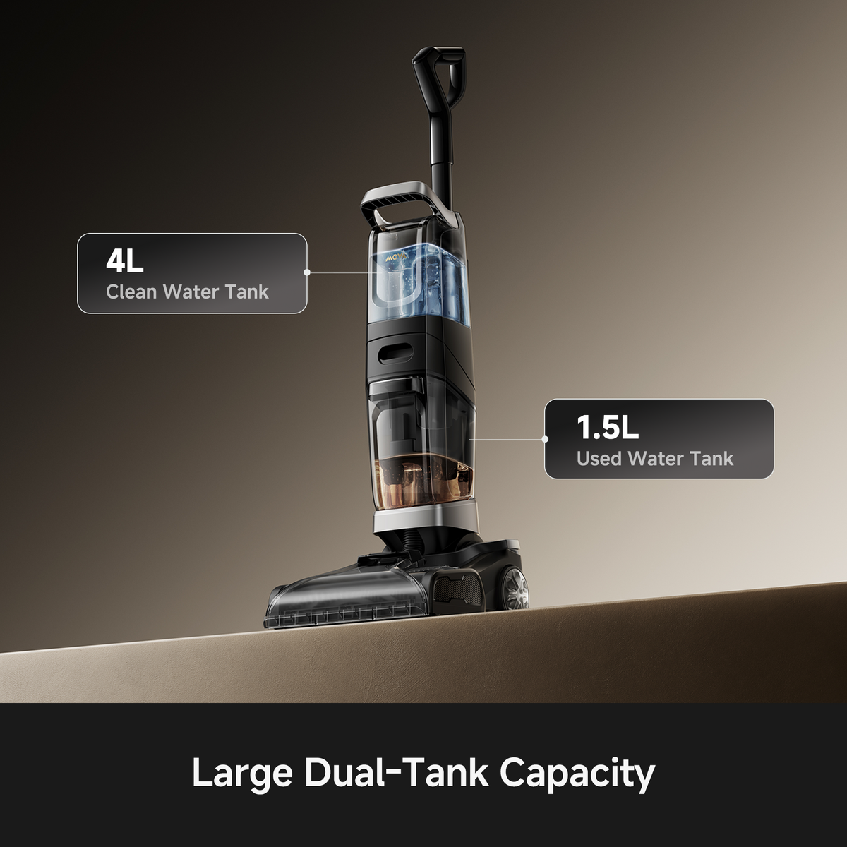 MOVA X2 Pro carpet cleaner tank cutaway, showing the 4L clean and 1.5L used water compartments
