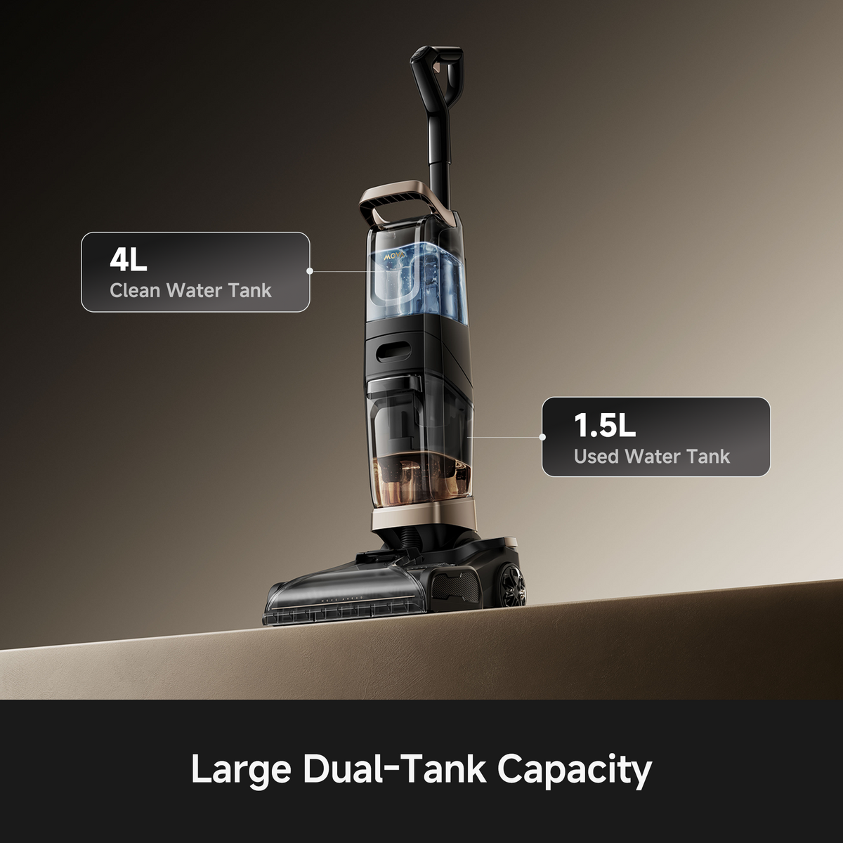 Cutaway showing the MOVA X3 Pro carpet cleaner's 4L clean water tank and 1.5L used water tank
