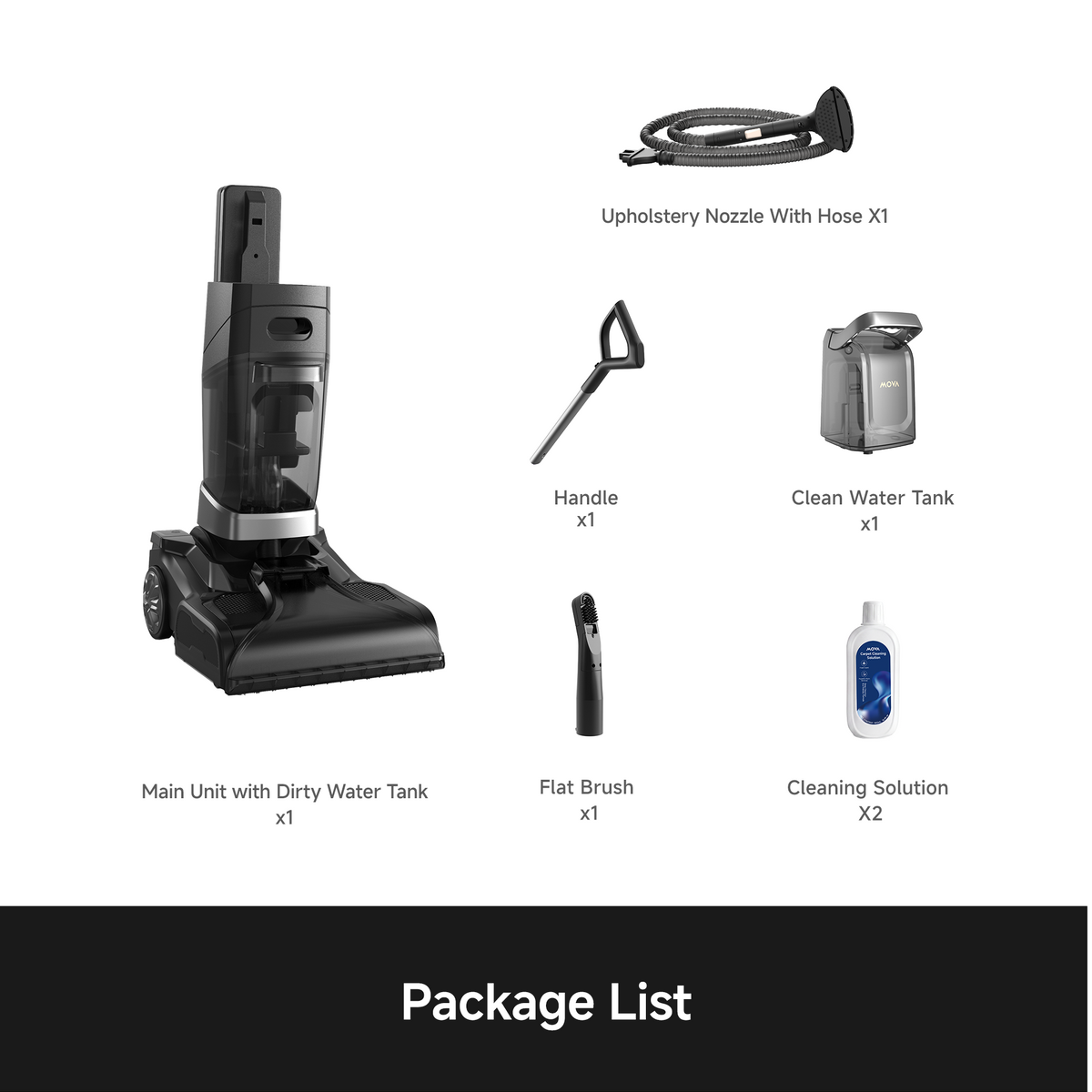 MOVA X2 Pro carpet cleaner package list: main unit, handle, clean water tank, hose nozzle and brush