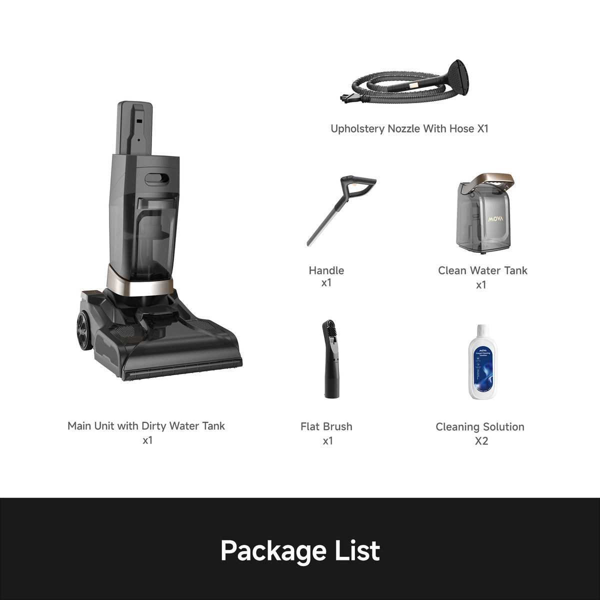 MOVA X3 Pro carpet cleaner package: main unit, handle, hose nozzle, flat brush, tank and solution