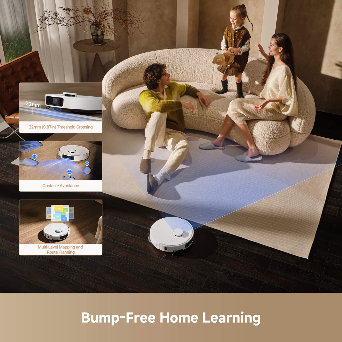 Robot vacuum cleaner navigating around furniture in a living room with obstacle avoidance, multi-level mapping, route planning, and 22mm threshold crossing for uninterrupted automated cleaning.