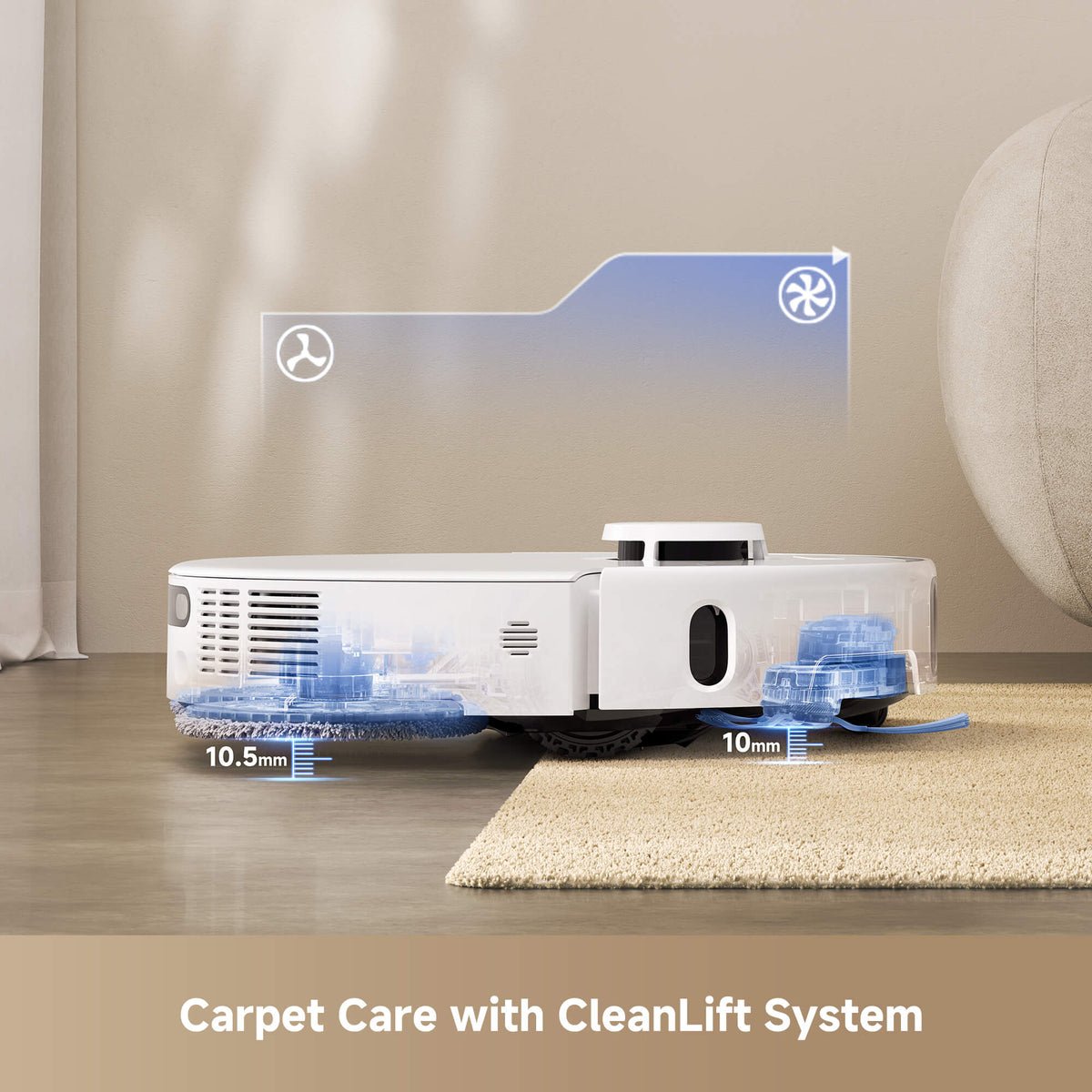 Robot vacuum cleaner using CleanLift technology to automatically raise mop pads and side brush on carpets, preventing wetting while maintaining powerful vacuum cleaning performance.