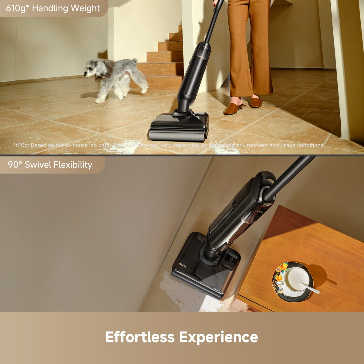 MOVA M50 wet and dry vac being pushed one-handed past a dog, showing its 610g handling weight