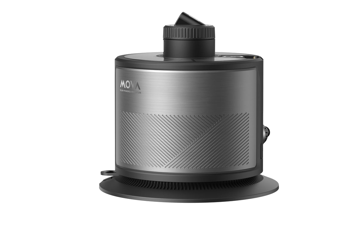 MOVA L10 smart lawn sprinkler, front view of its brushed silver cylindrical body and black rotating head