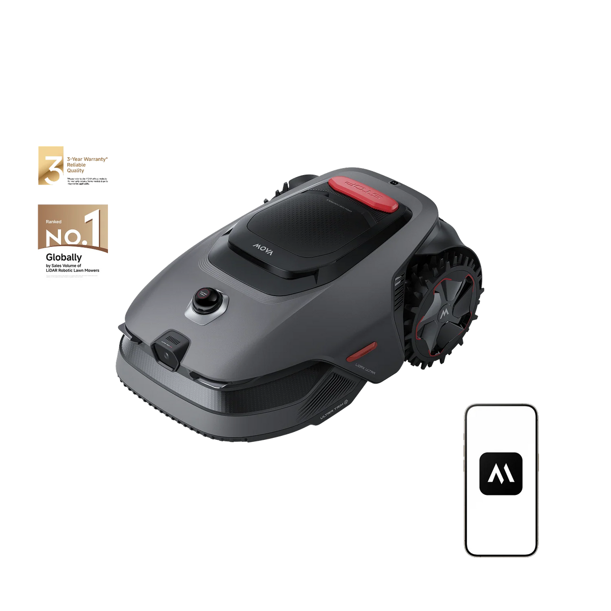 MOVA LiDAX Ultra 800 robot mower shown with award badges and the companion app open on a phone