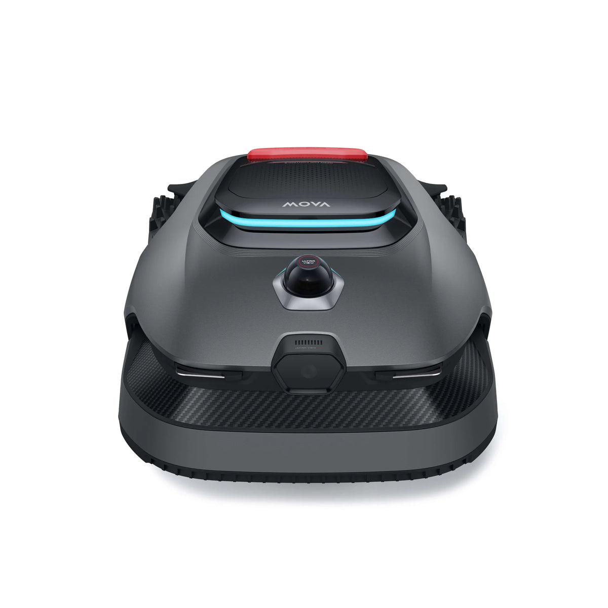 MOVA LiDAX Ultra 800 robot mower head-on with LiDAR turret and illuminated teal front light bar