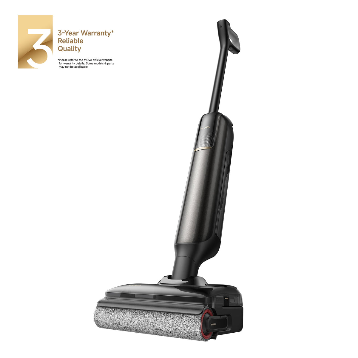 MOVA M50 wet and dry vac shown upright on white, dark grey body with a three-year warranty badge