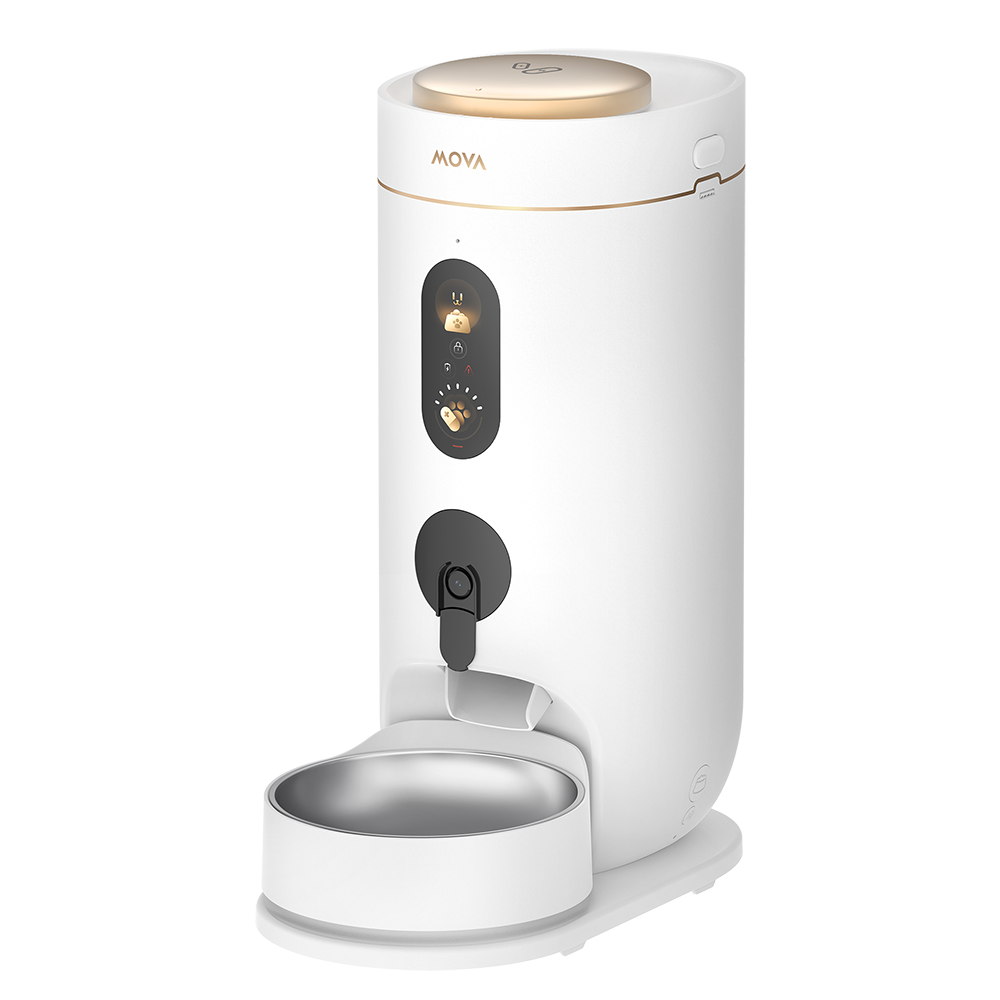 MOVA NutriPal 10 Ultra automatic pet feeder in white, front view with camera lens and stainless steel bowl
