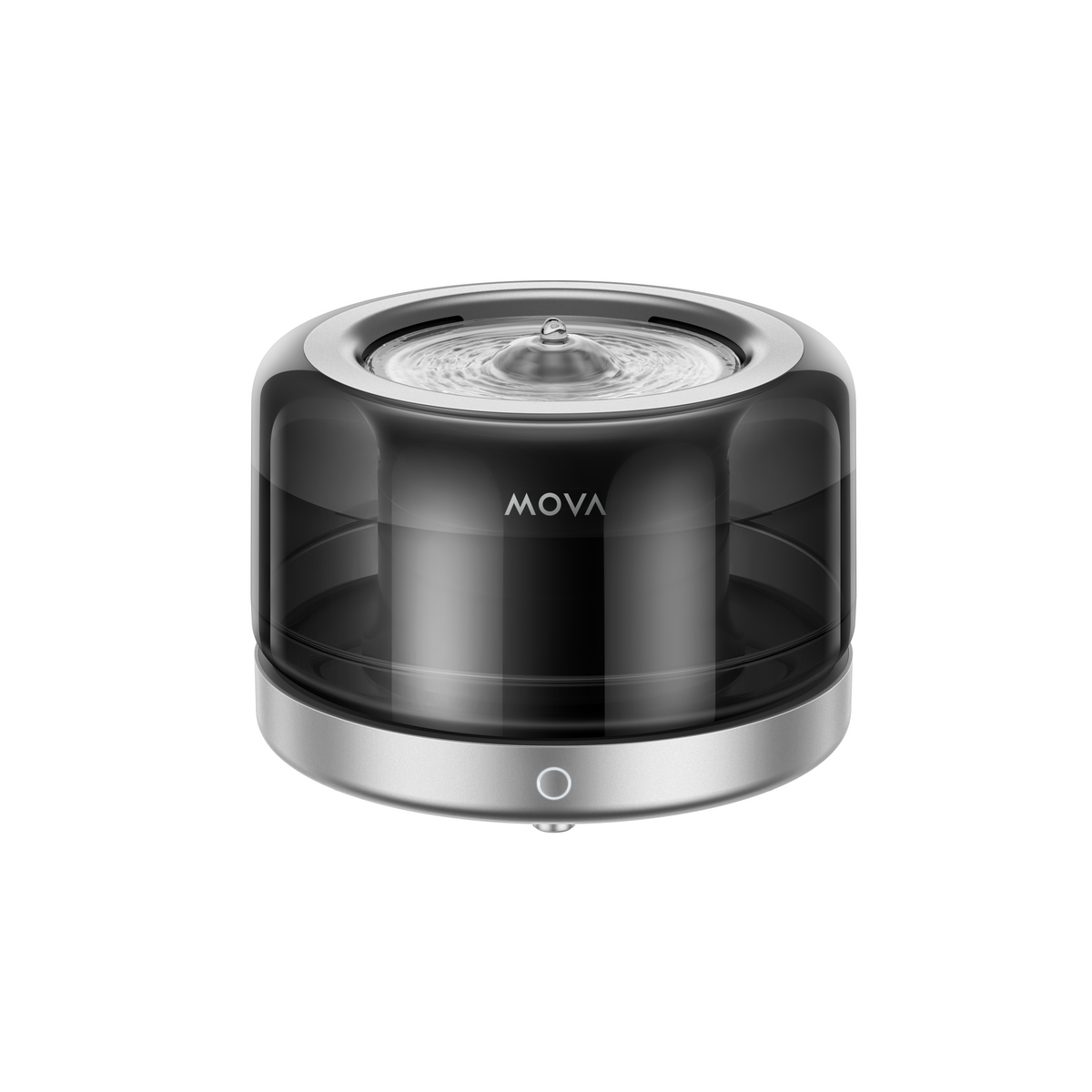 MOVA WF20 Pro pet water fountain in black with a stainless steel top, front view showing the power button
