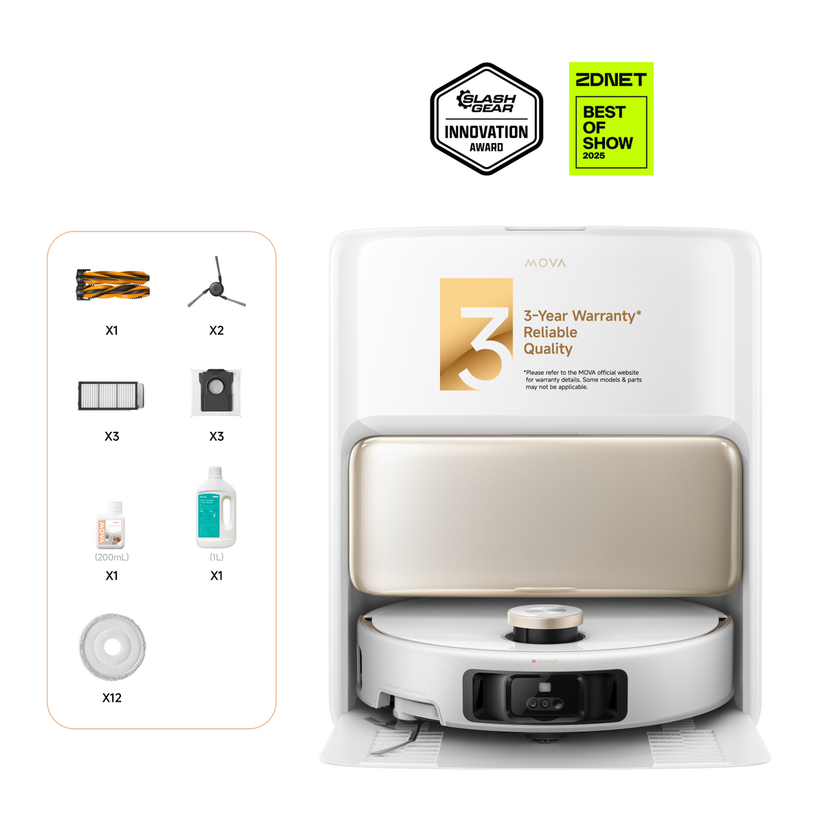 MOVA V50 Ultra Complete robot vacuum and white dock with its accessory kit and innovation awards