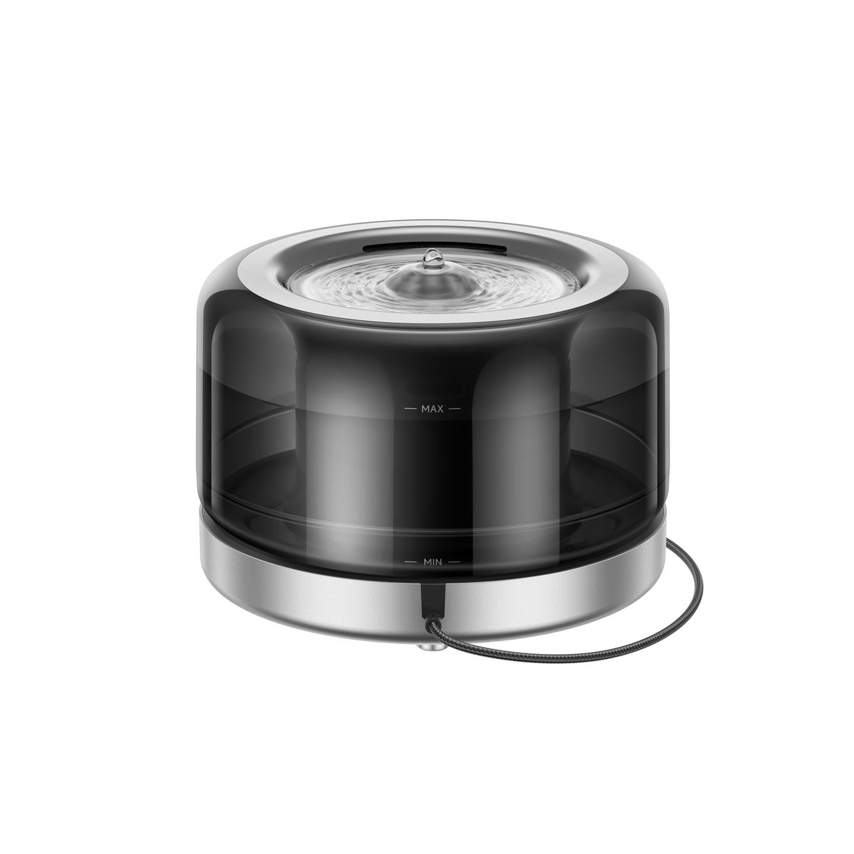 Rear view of the black MOVA WF20 Pro pet water fountain with its power cable running from the base