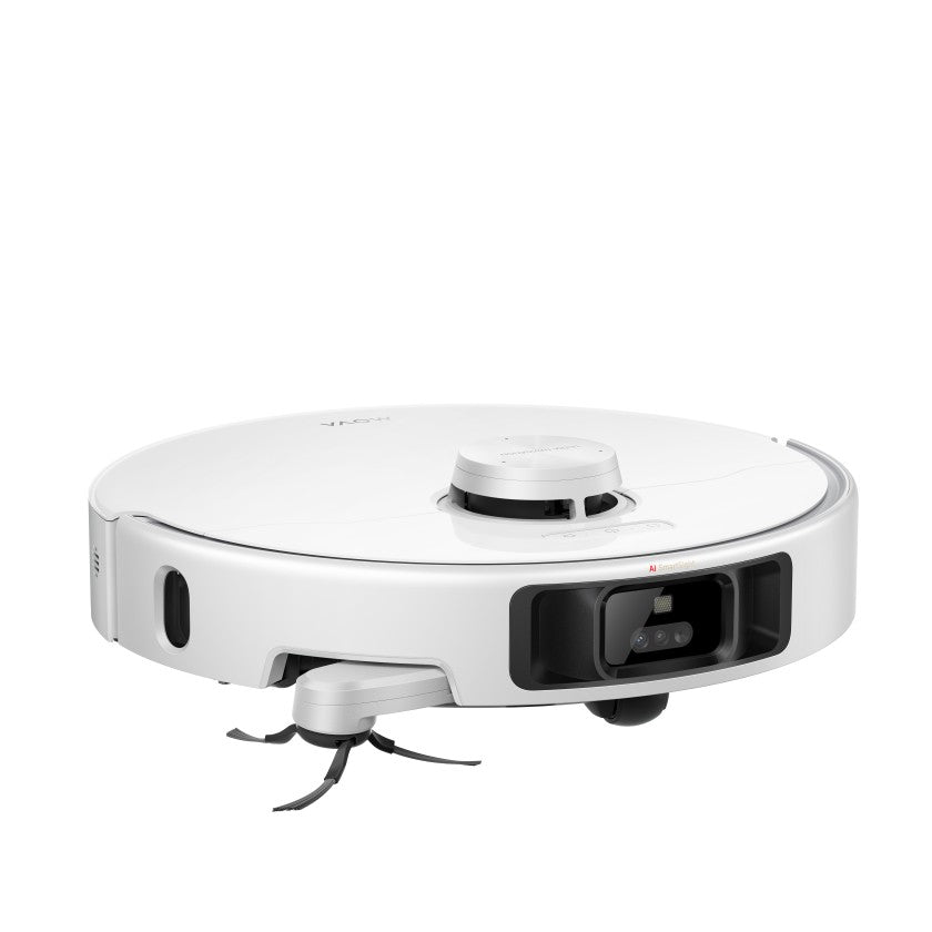 Low side profile of the black MOVA P70 Pro Ultra robot showing camera sensors and extending side brush