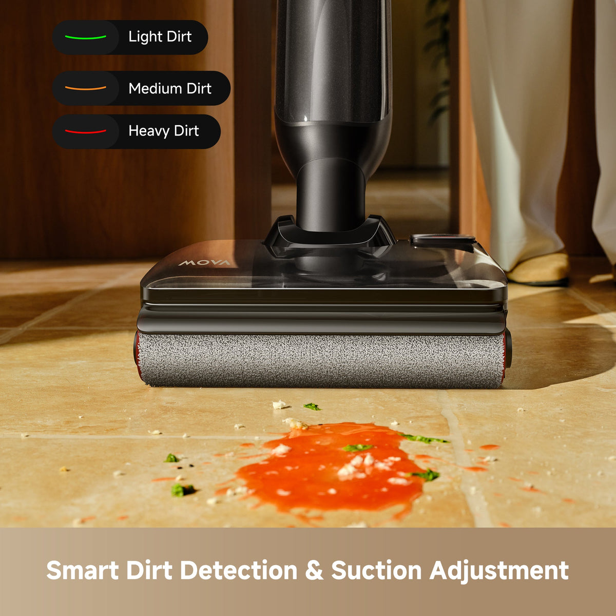 MOVA M50 vac sensing a sauce spill on tile and stepping suction up from light to heavy dirt mode