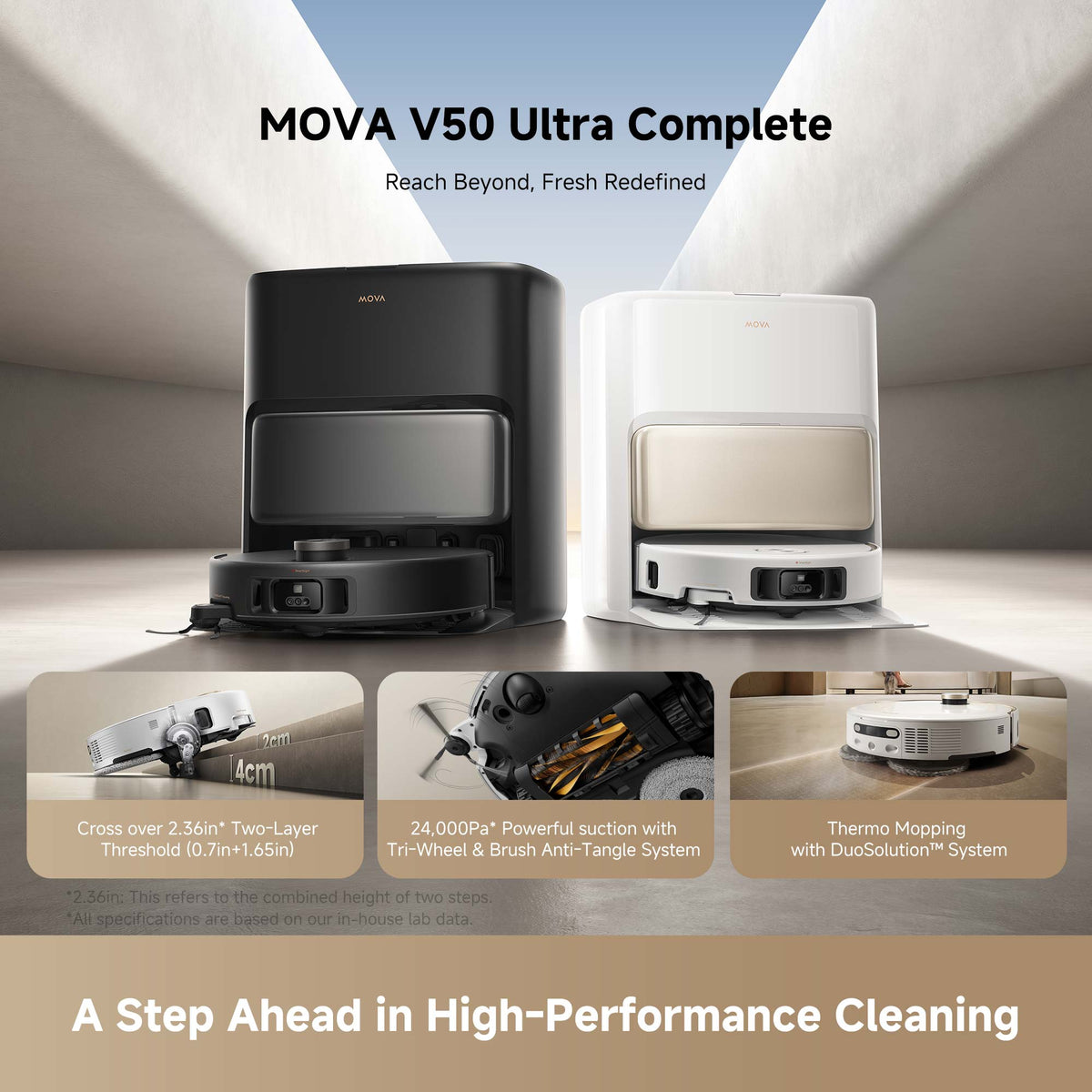 Black and white MOVA V50 Ultra Complete robot vacuums side by side with feature highlights below