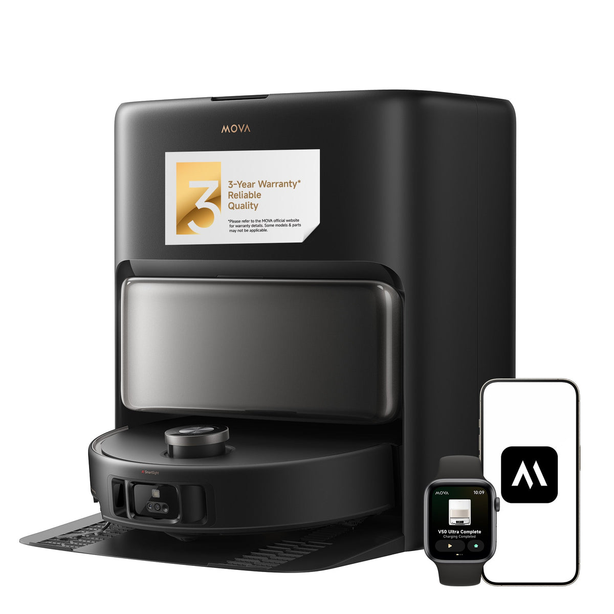 MOVA V50 Ultra Complete robot vacuum in black with its base station, phone and smartwatch app control