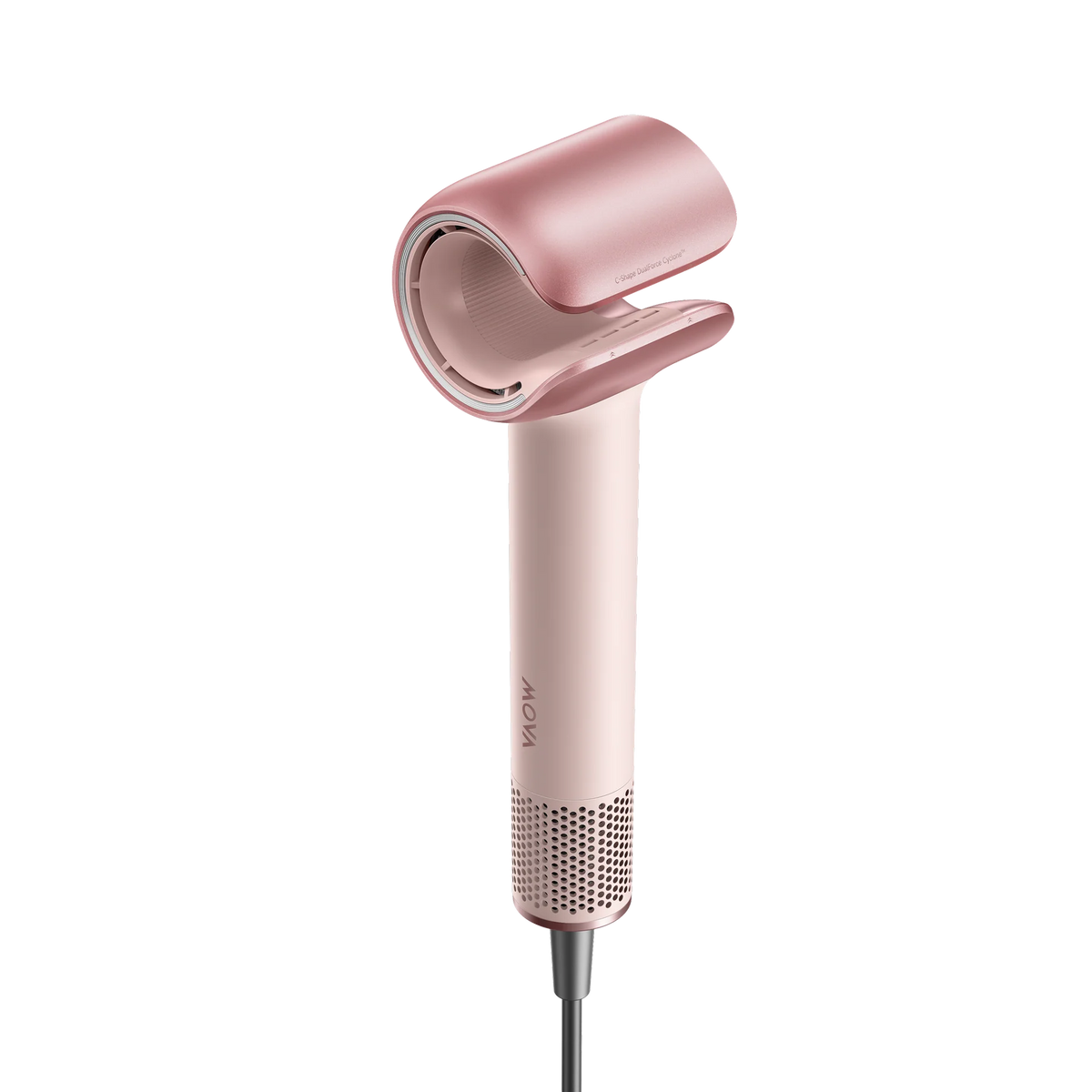 MOVA Aero C hair dryer in pink with its rose gold C-shaped curl attachment, angled three-quarter view