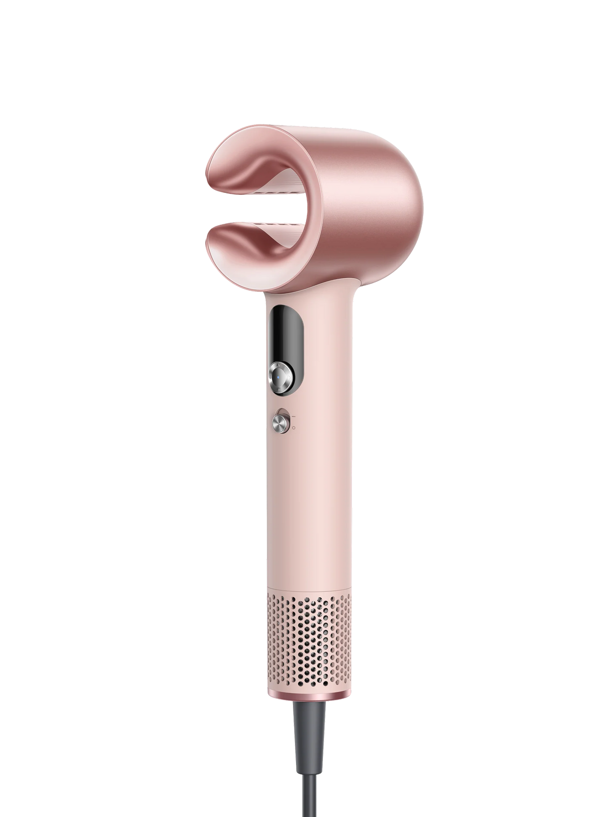 MOVA Aero C hair dryer upright, its rose gold open-ring nozzle and matte pink barrel shown in close view