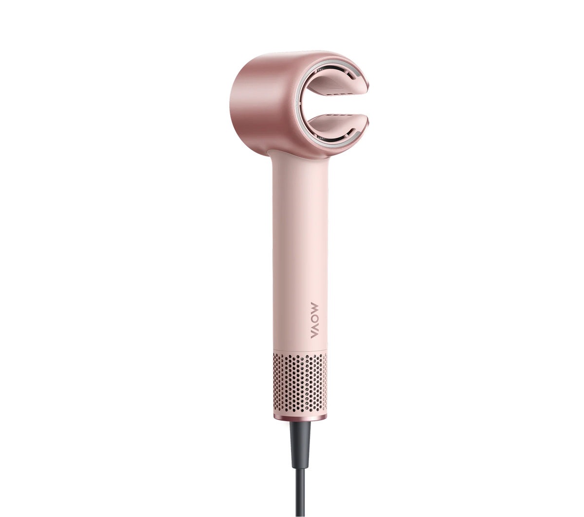 Rear view of the MOVA Aero C hair dryer, showing the back of its rose gold C-shaped styling attachment