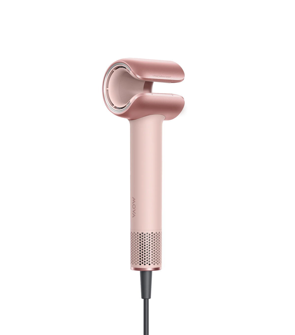 Side profile of the pink MOVA Aero C hair dryer with the rose gold curl attachment facing left