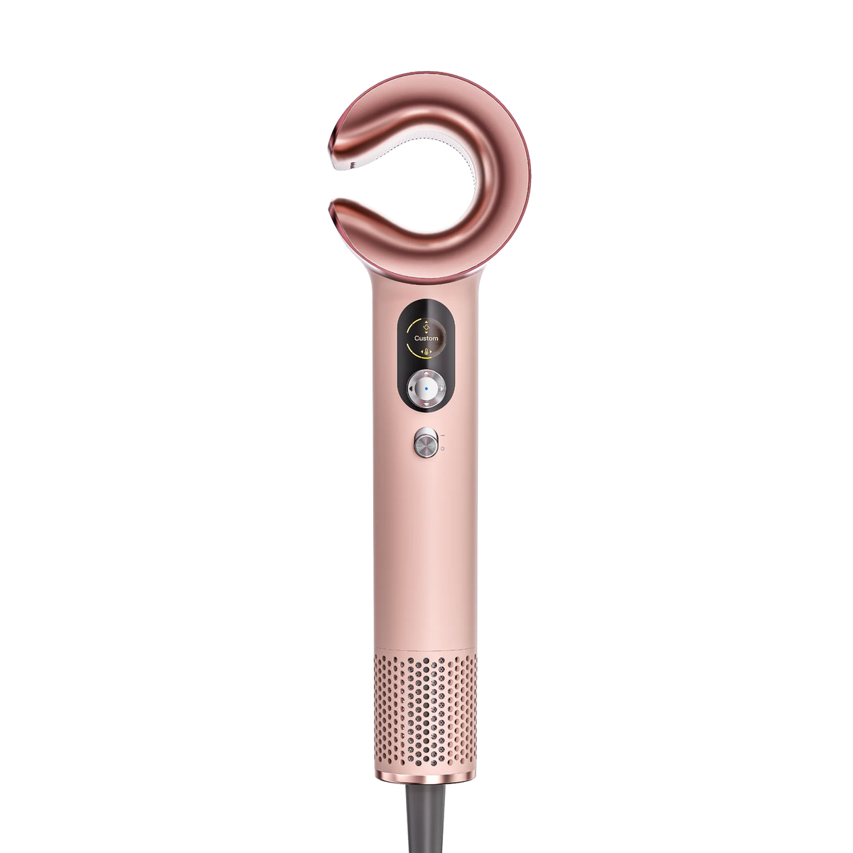 MOVA Aero C hair dryer front-on, with the LED display and mode buttons lit on the pink handle