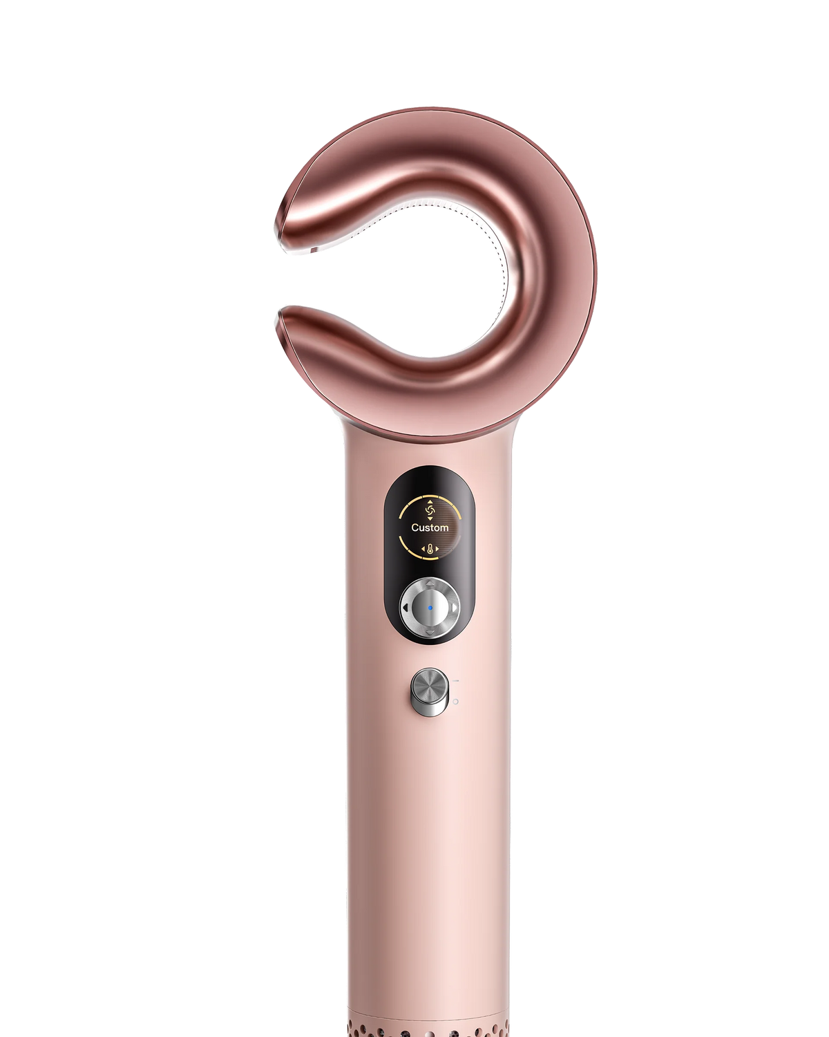 Close-up of the MOVA Aero C hair dryer's control panel, showing heat and airflow settings on screen