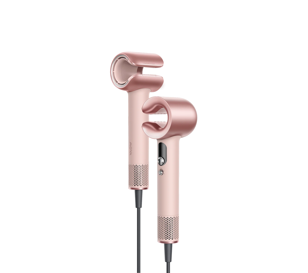 Two MOVA Aero C hair dryers side by side, one with the C-ring curl attachment fitted and one without