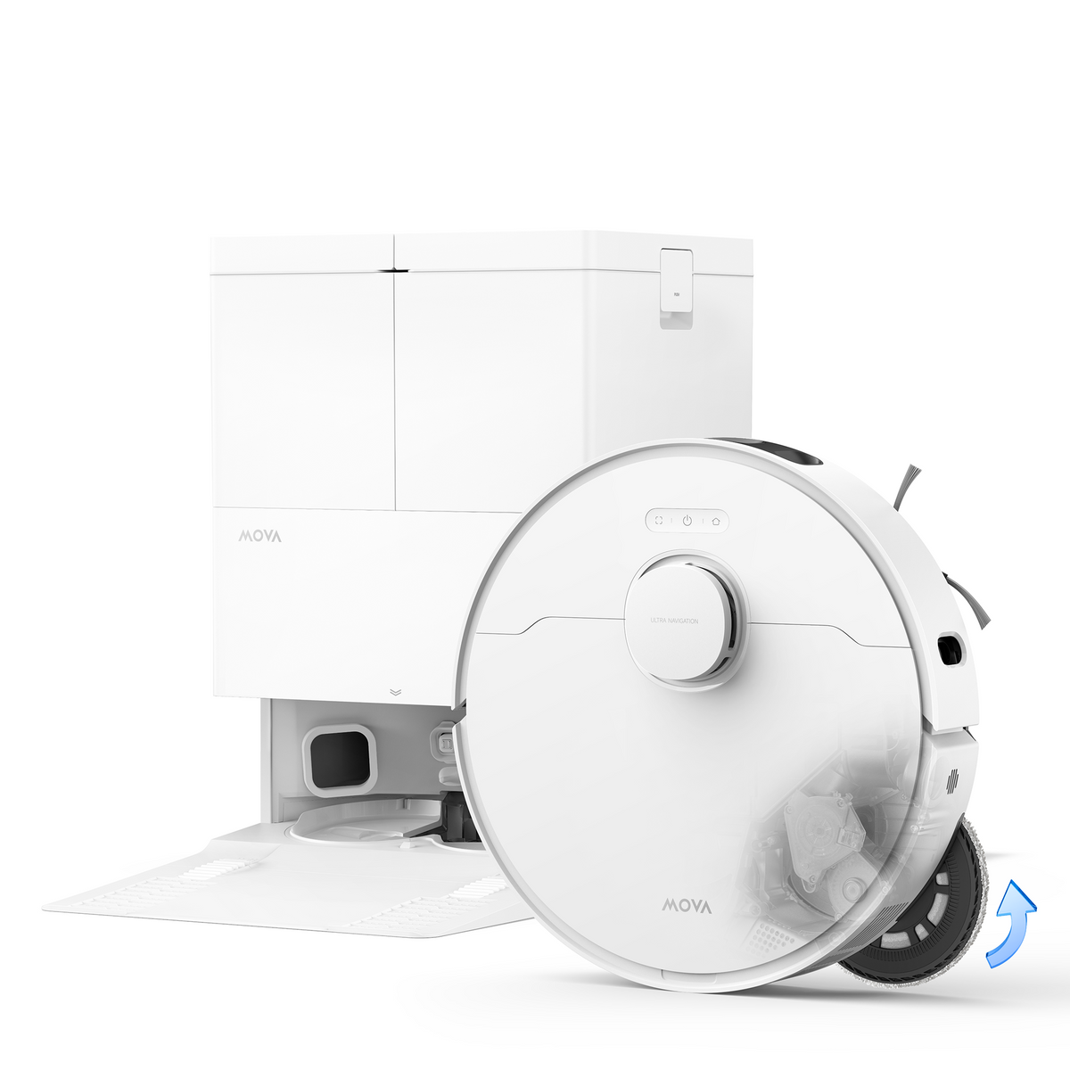 MOVA E50 Pro Ultra robot vacuum docked in its tall white base station, seen at a three-quarter angle