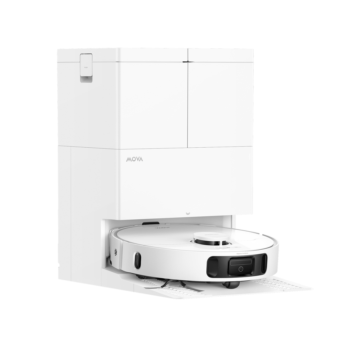 White MOVA E50 Pro Ultra base station with the robot vacuum on its ramp, viewed from the front left