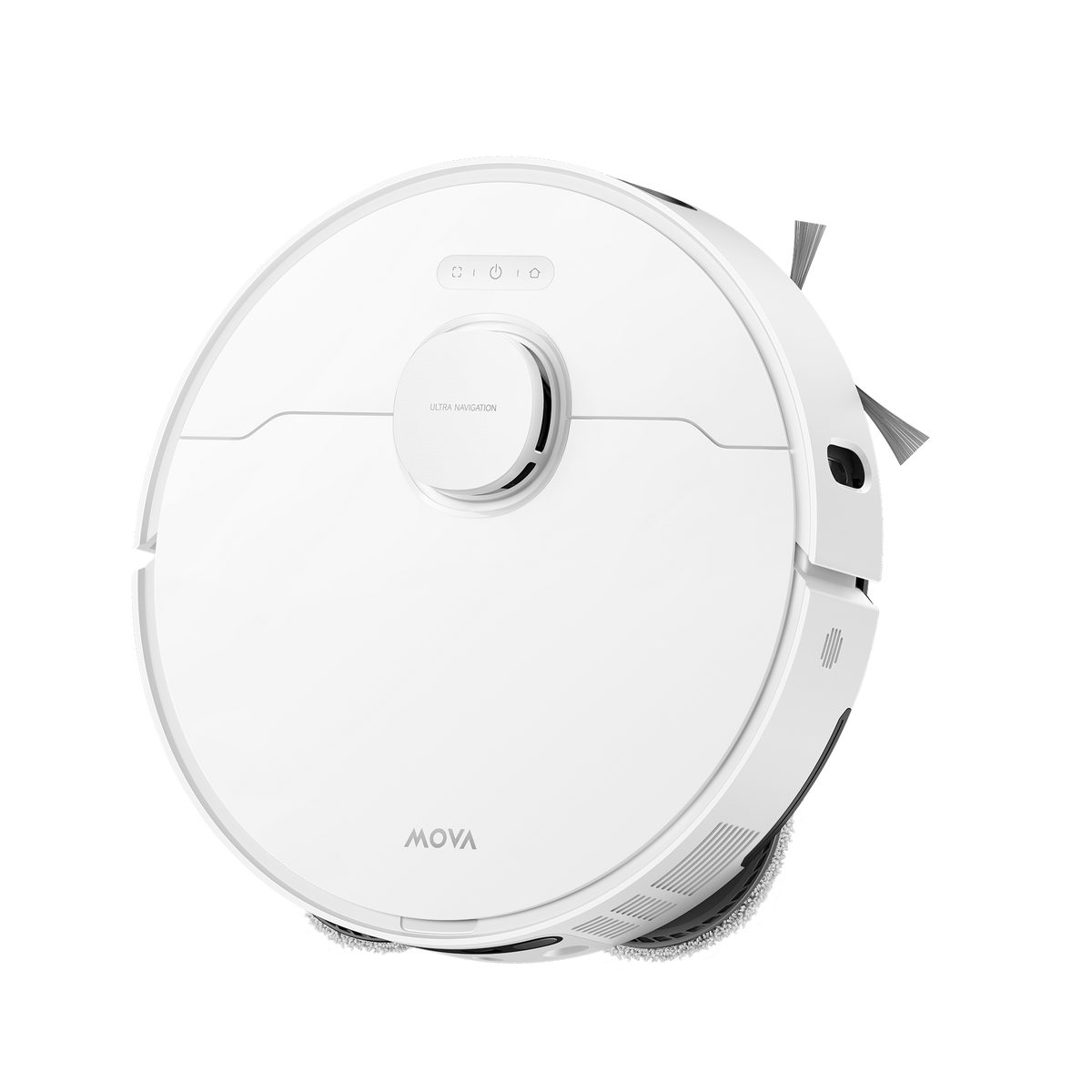 Top view of the white MOVA E50 Pro Ultra robot vacuum with LiDAR turret and side brush extended