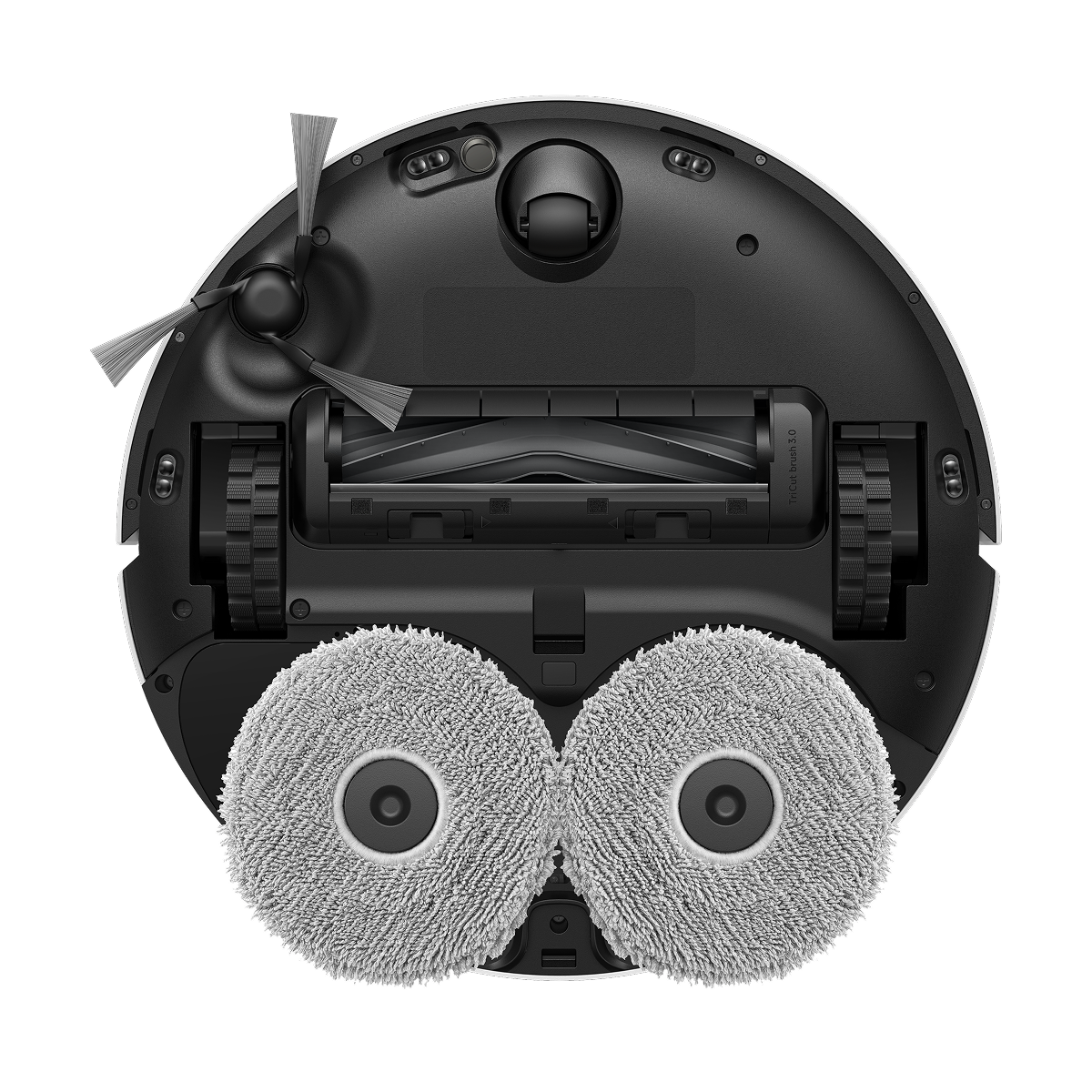 Underside of the MOVA E50 Pro Ultra robot with anti-tangle brush bar and two spinning mop pads