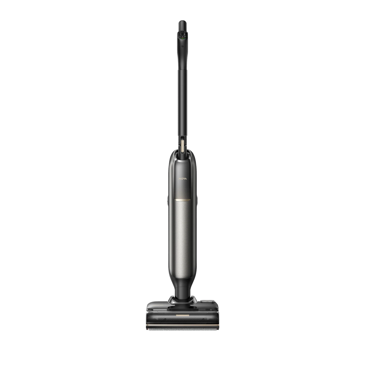 MOVA M50 Ultra wet and dry vacuum standing upright on white, dark grey body with slim floor head