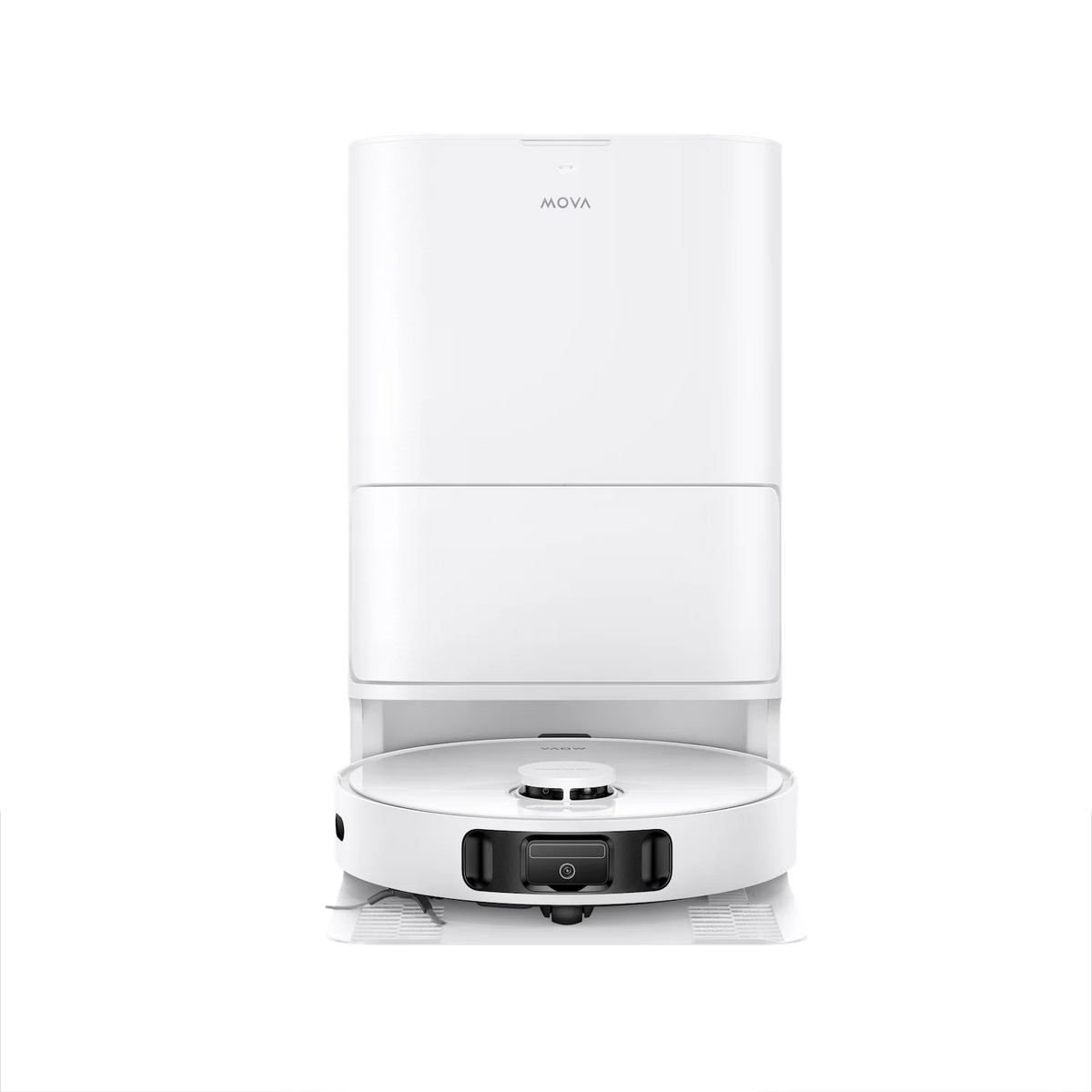 Front view of the MOVA E30 Ultra robot vacuum parked in its white self-emptying base station