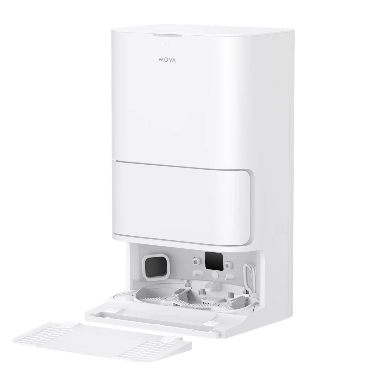 MOVA E30 Ultra base station opened up, showing the dust bag bay, ramp and charging contacts