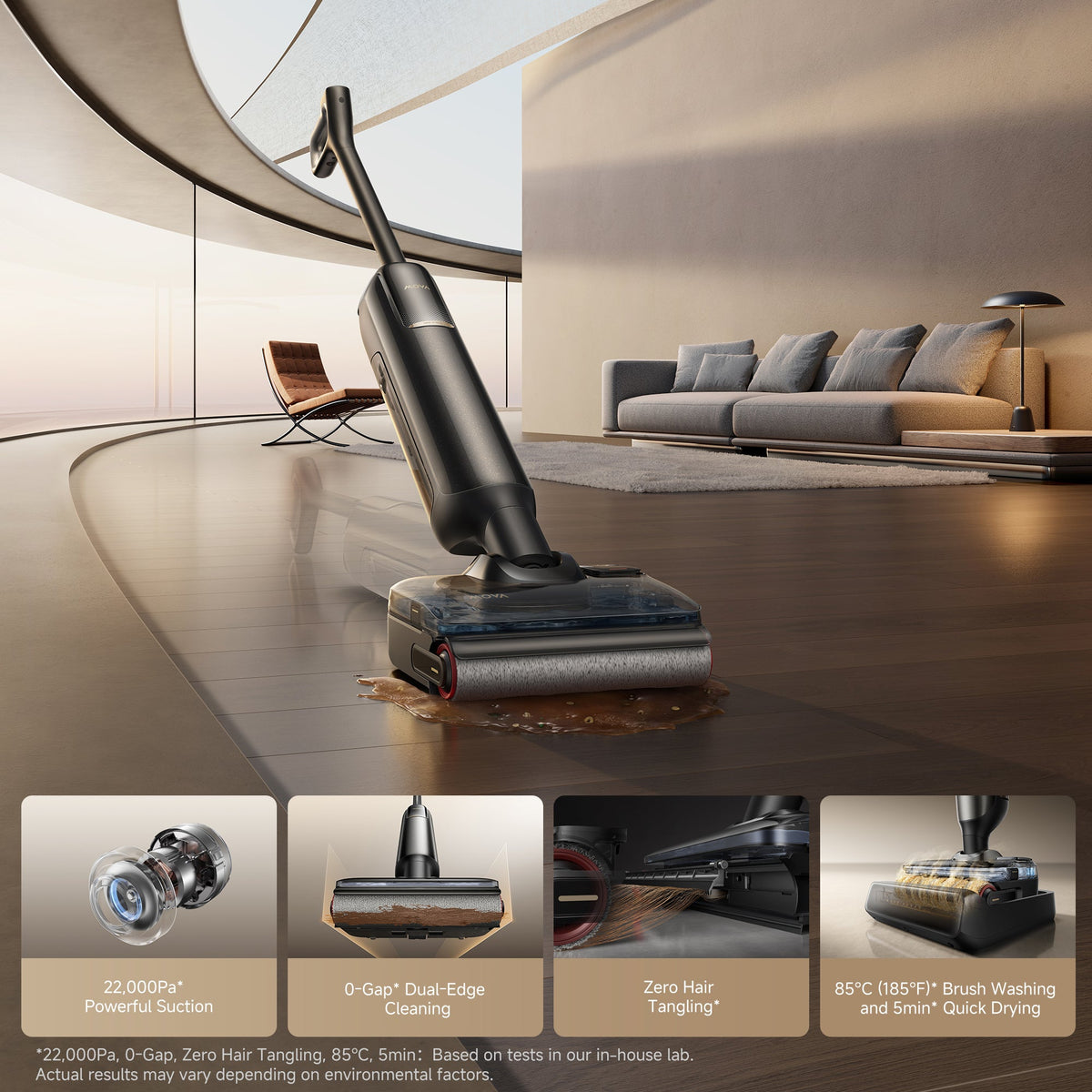 MOVA M10 Air wet and dry vacuum cleaning a spill in a bright open-plan living room, with feature insets