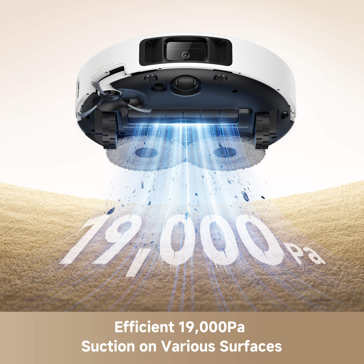 Robot vacuum cleaner delivering 19,000Pa suction power on carpet, with dual rotating mop pads and strong debris pickup across multiple floor surfaces.