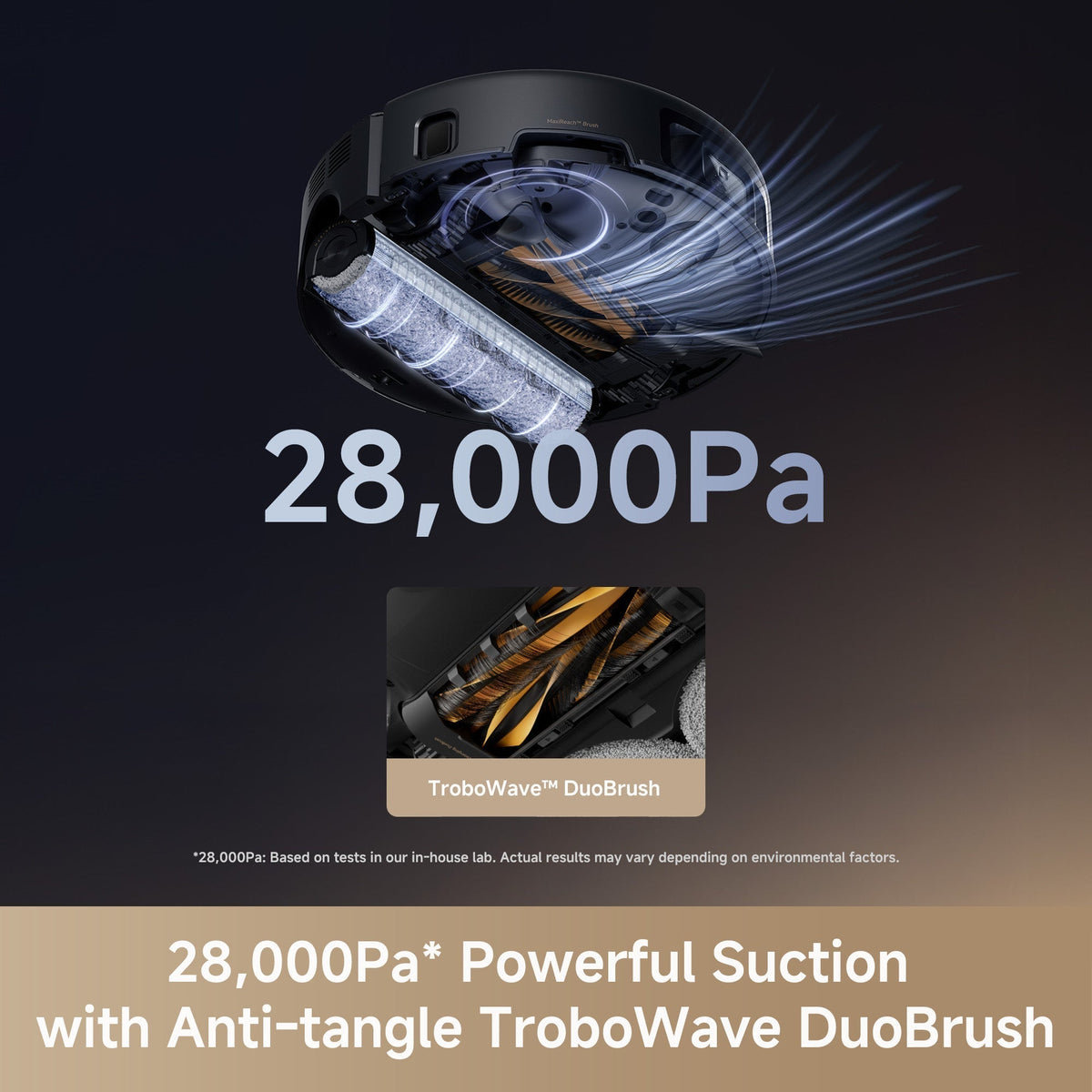 MOVA Z60 robot vacuum with 28,000Pa suction power and anti-tangle TroboWave DuoBrush, designed for deep carpet cleaning, pet hair pickup, and efficient debris removal.
