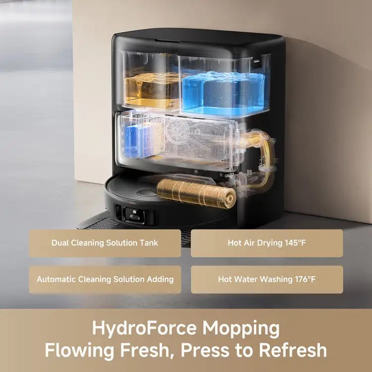 MOVA Z60 self-cleaning dock with dual cleaning solution tanks, automatic detergent dispensing, 80°C hot water mop washing, and 63°C hot air drying for hands-free maintenance.