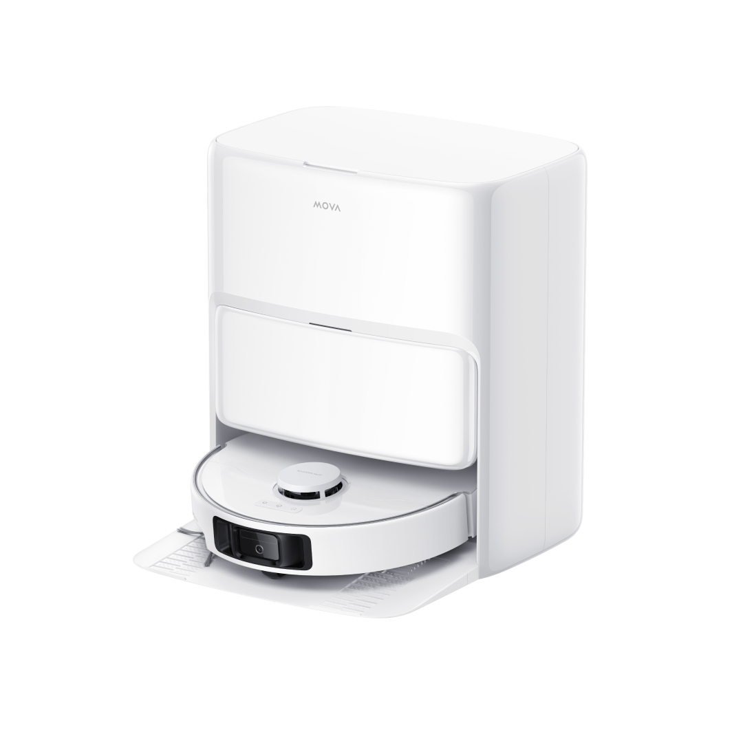 White MOVA robot vacuum cleaner with LiDAR navigation and front obstacle detection docked in a self-emptying smart charging and maintenance station.