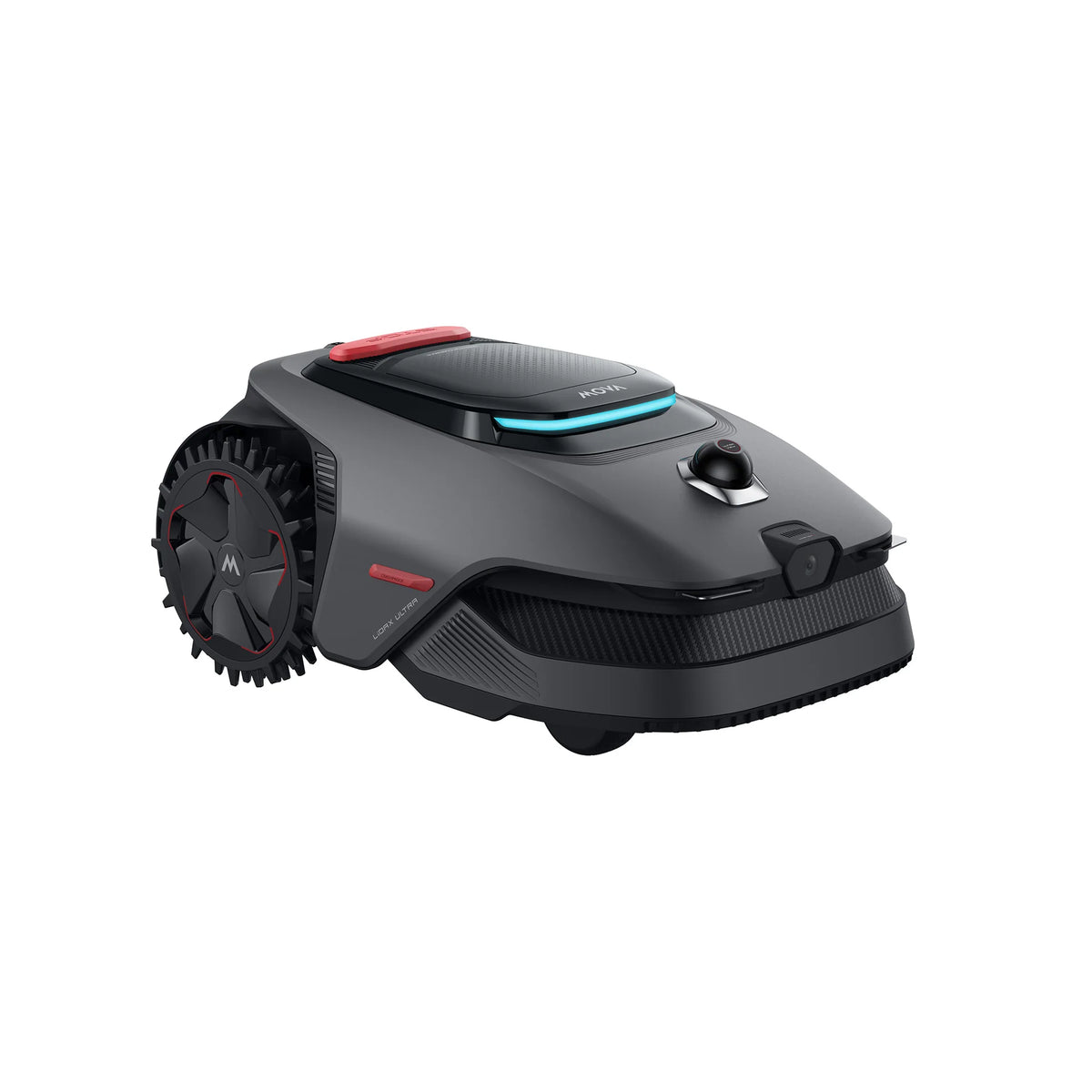MOVA LiDAX Ultra 800 robot mower at an angle with its teal light strip glowing across the front