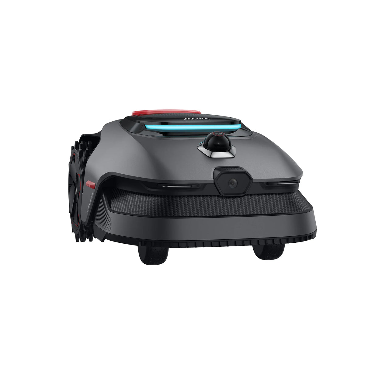 Front view of the MOVA LiDAX Ultra 800 robot mower showing its LiDAR dome and teal status light