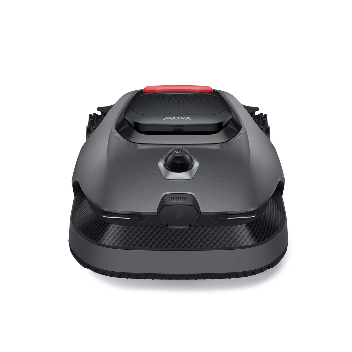 Front view of the MOVA LiDAX Ultra 800 robot mower with its LiDAR sensor and dark front bumper