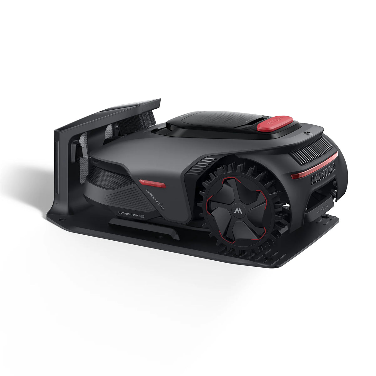 MOVA LiDAX Ultra 800 robot mower parked on its slim charging base station against a white background