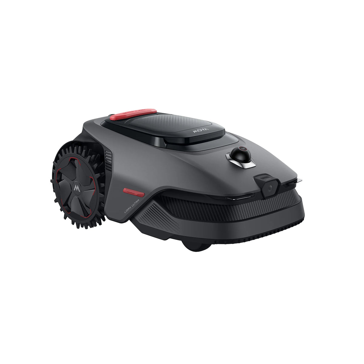 Rear three-quarter view of the MOVA LiDAX Ultra 800 robot mower with red top handle and cutting deck