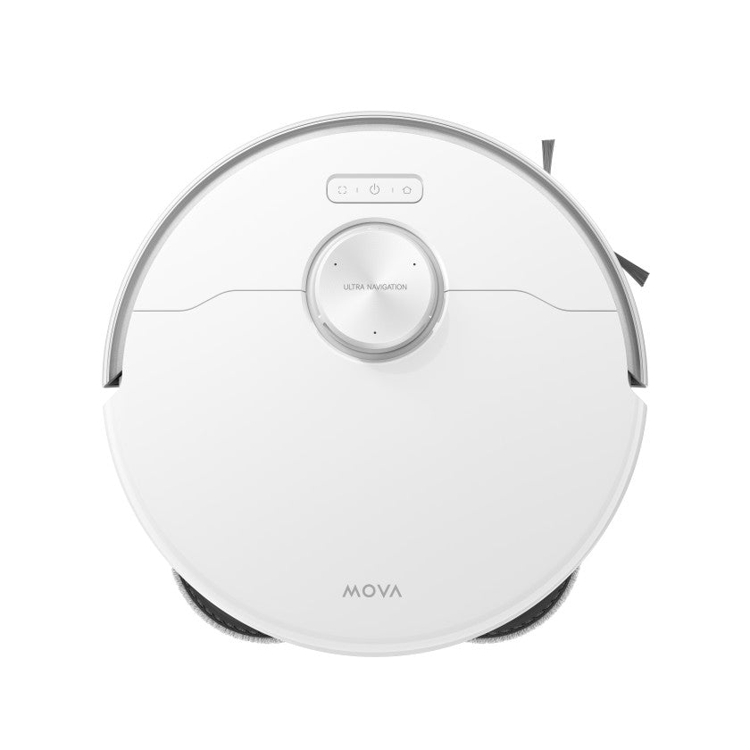 Three-quarter top view of the MOVA P70 Pro Ultra robot vacuum in white with its side brush deployed