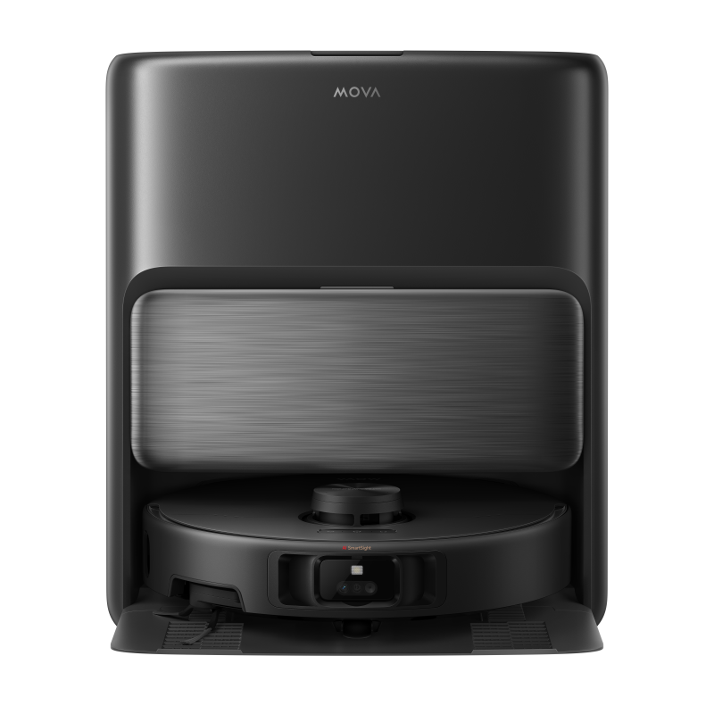 MOVA P70 Pro Ultra base station in matt black with the robot vacuum parked on its open dock ramp